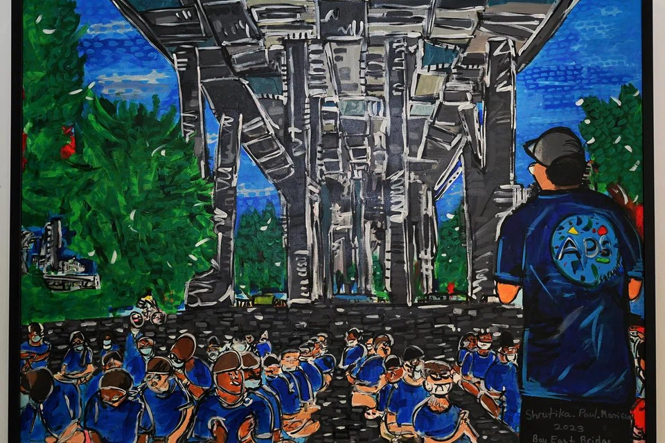 SATU GAMBARAN: Karya ‘When We Were Here’ daripada Pelajar-pelajar tahun kedua Seni Visual kelab Artis Muda APS, diilhamkan daripada karya ‘Poem of Malaya’ oleh pelukis Singapura kelahiran China, Chua Mia Tee, yang terkenal dengan lukisan minyak realistik pada 1950-an dan 1960-an.