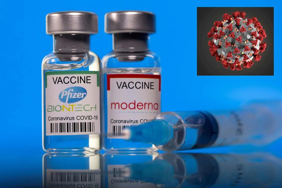 PELINDUNG: Vaksin Pfizer-BioNTech dan Moderna bagi melindungi diri daripada virus Covid-19 (gambar sisipan) ditawarkan di Singapura. - Foto-foto REUTERS 