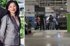 DITIKAM MATI: Polis membawa mayat Cik Low Hwee Geok (kiri) yang telah ditikam mati di tempat meletak kereta ITE Kolej Central pada 19 Julai 2018. - Foto-foto fail