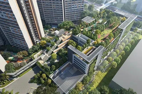 GALAK GAYA HIDUP SIHAT: Kemudahan kecergasan di taman atas bumbung serta ruang untuk berlari-lari anak di projek BTO Queen's Arc direka untuk menggalak penduduk mengamalkan gaya hidup sihat. - Foto HDB
