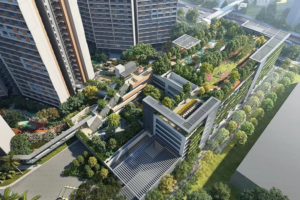 GALAK GAYA HIDUP SIHAT: Kemudahan kecergasan di taman atas bumbung serta ruang untuk berlari-lari anak di projek BTO Queen's Arc direka untuk menggalak penduduk mengamalkan gaya hidup sihat. - Foto HDB