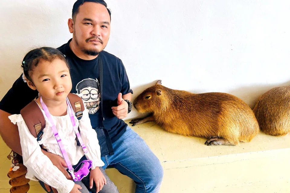 Encik Sharizan Rahman, 42 tahun, membawa anaknya melihat tikus gergasi, ‘capybara’, secara dekat.