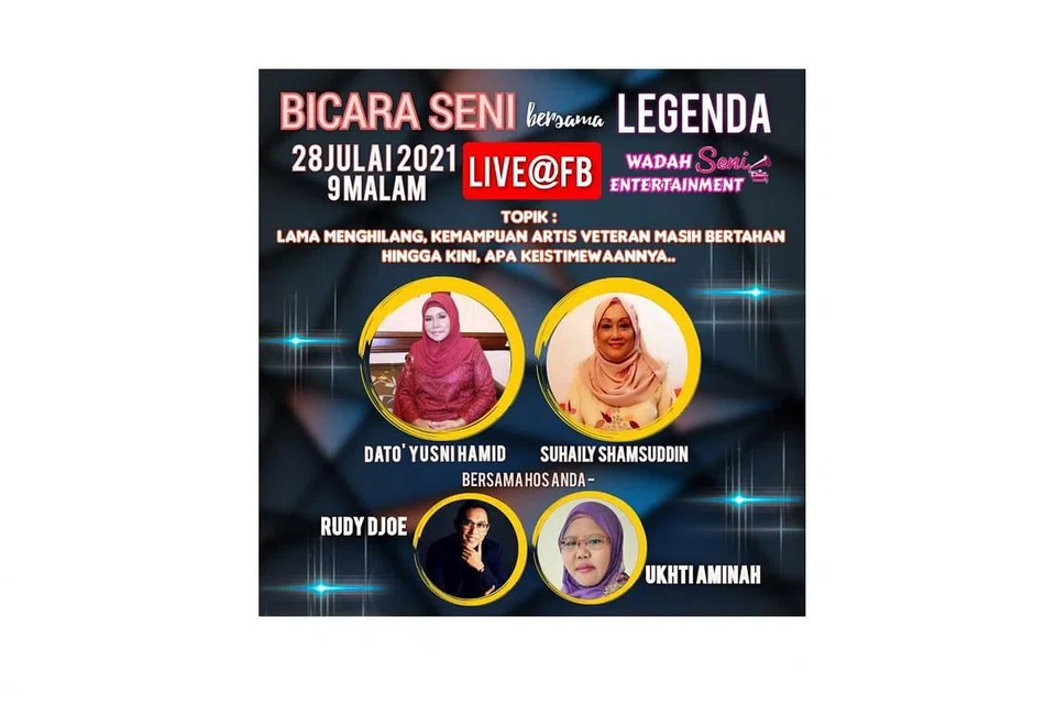 CUNGKIL RAHSIA ARTIS VETERAN: Sesi Bicara Seni Bersama Legenda yang dikendalikan Wadah Seni Entertainment pada 9 malam ini memaparkan dua biduanita dari seberang Tambak, Dato' Yusni Hamid dan Suhaily Shamsuddin. Cik Ukhti Aminah dan penyanyi Rudy Djoe akan menjadi 'moderator' sesi sembang ini. - Foto WADAH SENI ENTERTAINMENT