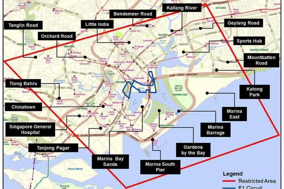 CAAS, dron, layang-layang, semasa hujung minggu Formula Satu (F1), kegiatan udara akan dilarang di beberapa kawasan Singapura, Grand Prix Singapura dari 8 hingga 12 Oktober