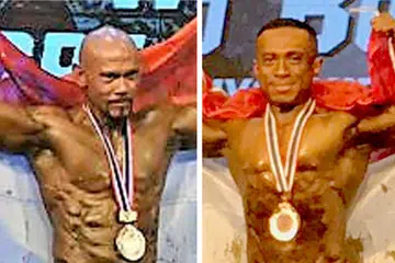 RAIH PINGAT: Abdullah Jaafar (kiri) dan Shaifulhaq Ahmad Ishak (kanan) berjaya membawa pulang pingat perak dan gangsa untuk Singapura dalam Kejohanan Sukan Bina Badan dan Susuk Badan Dunia ke-10 yang diadakan di Chiang Mai, Thailand, baru-baru ini. - Foto-foto WBPF Singapore