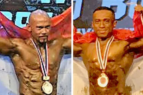 RAIH PINGAT: Abdullah Jaafar (kiri) dan Shaifulhaq Ahmad Ishak (kanan) berjaya membawa pulang pingat perak dan gangsa untuk Singapura dalam Kejohanan Sukan Bina Badan dan Susuk Badan Dunia ke-10 yang diadakan di Chiang Mai, Thailand, baru-baru ini. - Foto-foto WBPF Singapore
