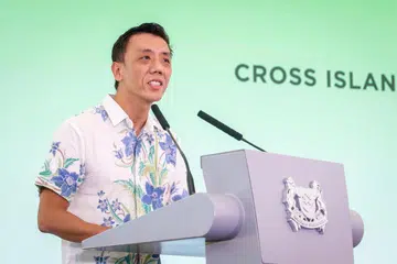 Pemangku Menteri Pengangkutan, Encik Jeffrey Siow, berucap semasa majlis pecah tanah untuk Fasa 2 Laluan Rentas Pulau (CRL) di Clementi pada 7 Julai.