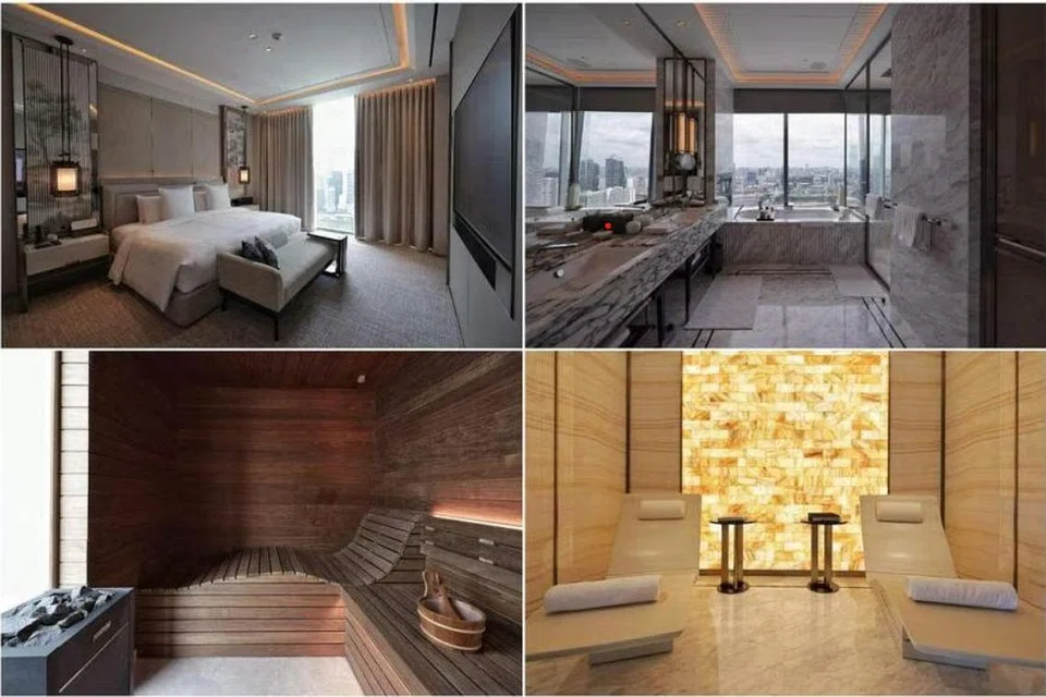 NAIK TARAF SUASANA BILIK: (Mengikut urutan jam dari kiri, atas) Bilik tidur, bilik mandi, zon spa dan sauna di Horizon Suite, Marina Bay Sands (MBS).