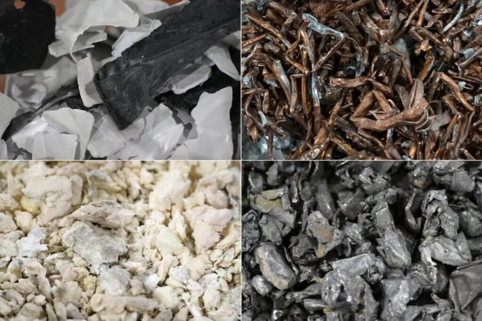 Bahan yang didapati melalui penghancuran peti sejuk seperti (mengikut arah jam dari kiri atas) plastik, logam, besi, dan busa pembungkus di pusat kitar semula barangan elektronik, Cimelia Resource Recovery. 