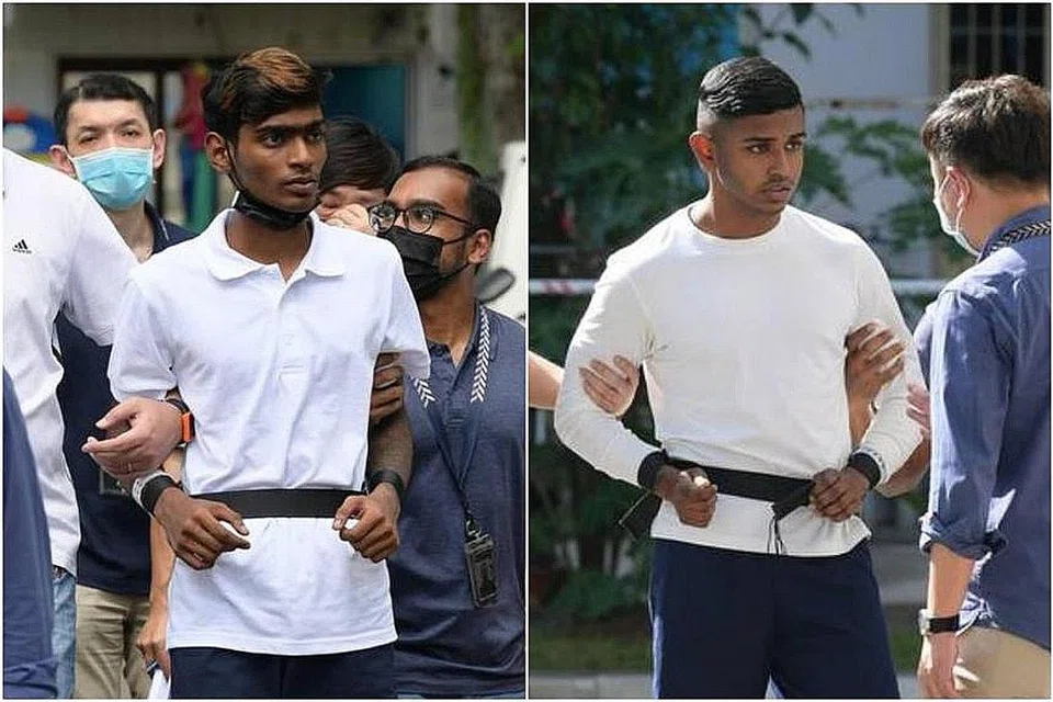 SIASATAN: Dua suspek yang terlibat dalam serangan di Boon Lay dibawa semula ke tempat kejadian oleh polis kelmarin. - Foto ZAOBAO
