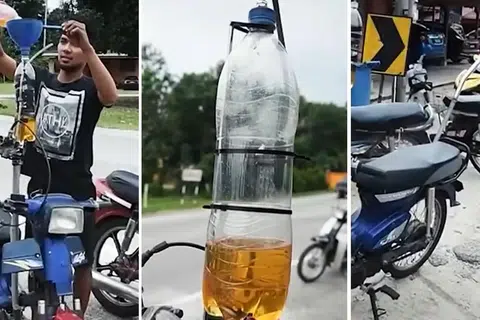 UBAH SUAI: Pengguna mengisi minyak (kiri) dalam botol plastik yang mengalir ke karburetor (tengah) dan paip ekzos yang diubah agar hujung paip itu diletakkan di tempat lebih tinggi.