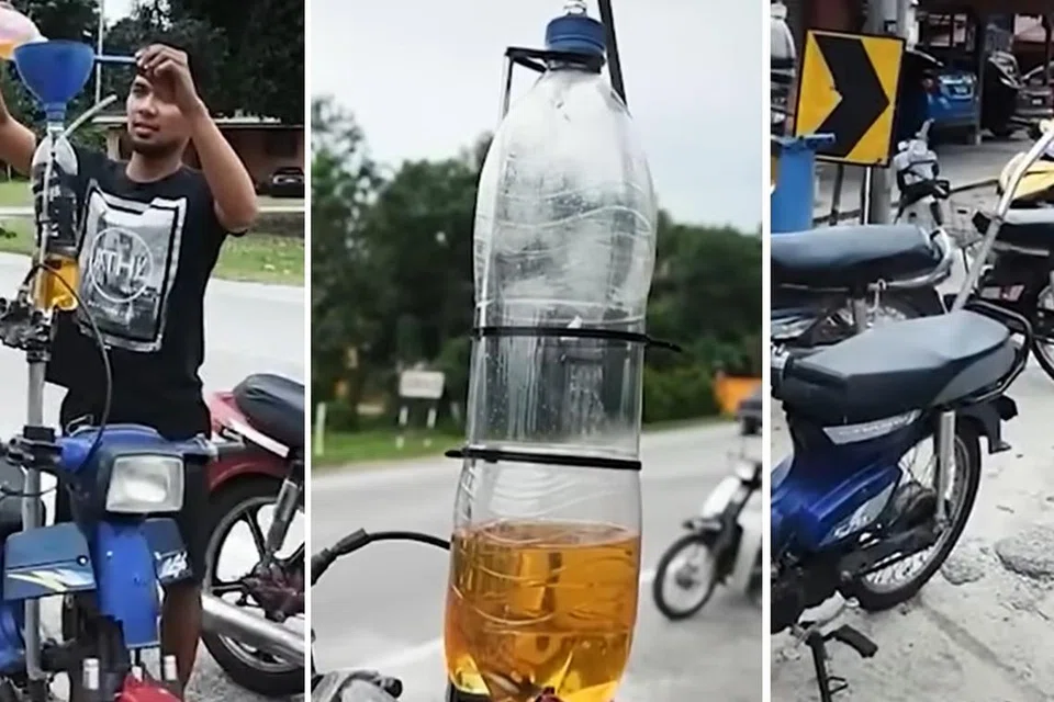 UBAH SUAI: Pengguna mengisi minyak (kiri) dalam botol plastik yang mengalir ke karburetor (tengah) dan paip ekzos yang diubah agar hujung paip itu diletakkan di tempat lebih tinggi.