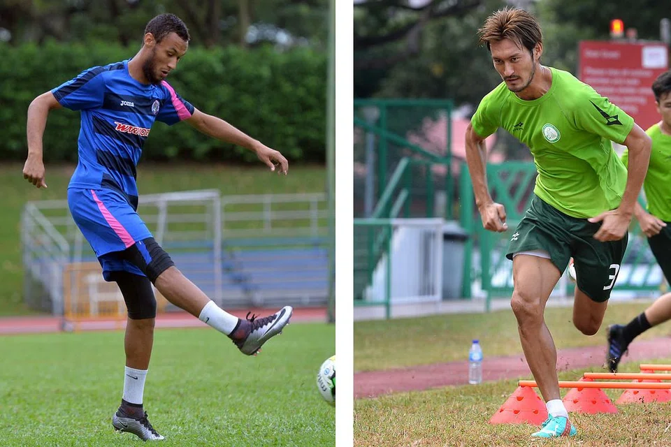 (Kiri) PRESTASI HANGAT: Jonathan Behe telah menjaringkan lima gol bagi Warriors setakat ini. (Kanan) TAHAN LASAK: Yuki Ichikawa bertanggungjawab membendung Behe dan mematahkan serangan Warriors FC esok. - Foto-foto THE STRAITS TIMES. 