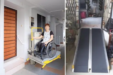Lif kerusi roda mekanikal ringan dan padat (kiri) dan tanjakan mudah alih. 