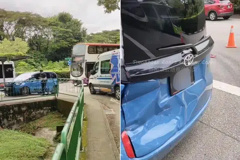 Akibat perlanggaran itu, bahagian belakang kereta tersebut kemik, manakala sebahagian daripada bampar depan bas itu pecah dua.