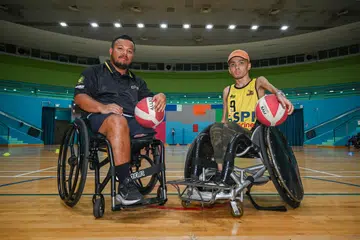 BANGUNKAN SUKAN: Naib presiden Persatuan Ragbi Kerusi Roda Singapura (WRAS), Aidil Khalip (kiri), dan presidennya, Danial Bawthan.