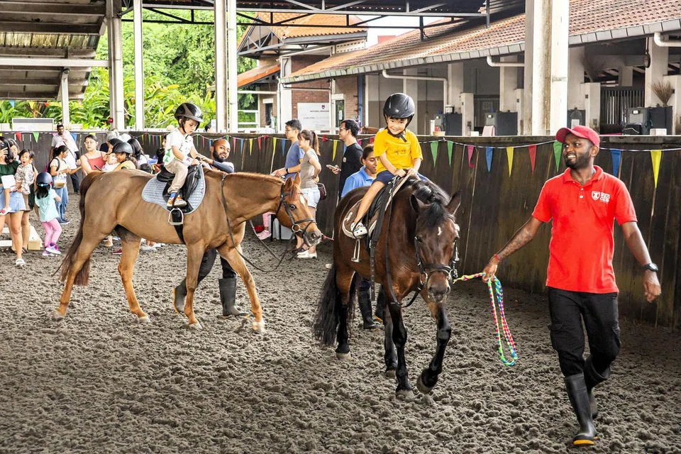 Kanak-kanak berpeluang menunggang kuda padi dan memberi kuda makan di karnival amal Kelab Polo Singapura pada 15 September.