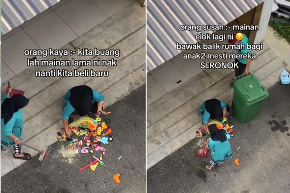 Beberapa wanita yang dipercayai pekerja pembersihan memeriksa barang mainan yang dibuang bagi menentukan apa yang boleh dipakai semula dan apa yang telah rosak.