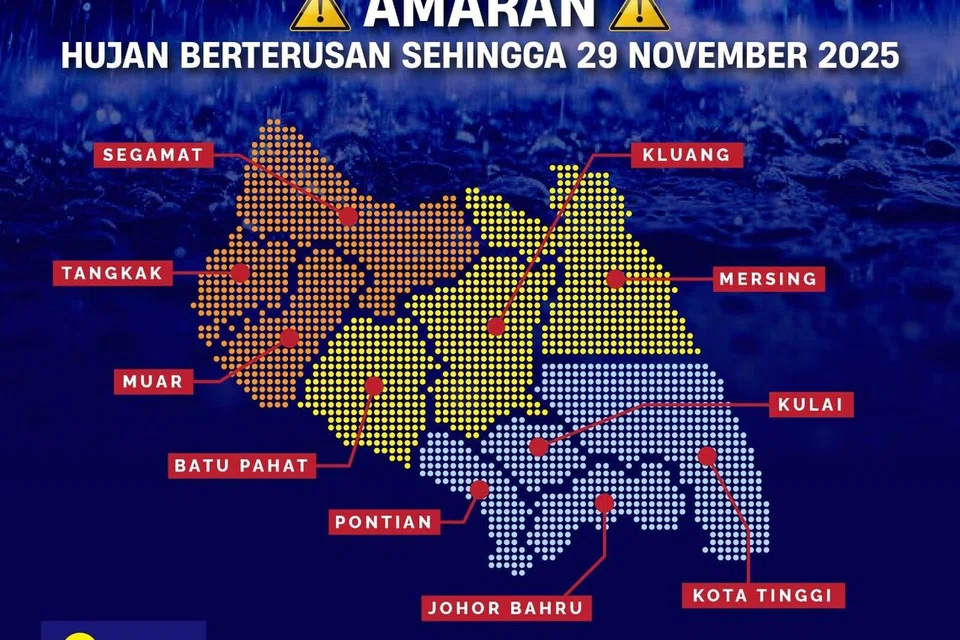 Data terkini menunjukkan beberapa kawasan di Segamat, Tangkak dan Muar berada pada risiko banjir susulan hujan lebat berterusan yang berlaku sejak 27 November dan dijangka berterusan sehingga 29 November 2025.