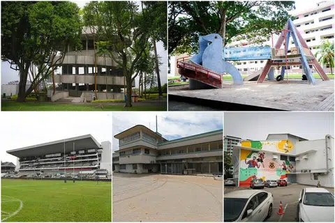 (Mengikut putaran jam, dari kiri di atas) Menara Jurong Hill, kawasan perumahan Dakota Crescent, Dewan Badminton Singapura, bekas blok pentadbiran Tentera Laut Diraja Malaya, dan astaka di Turf City telah diusulkan Penguasa Pembangunan Semula Bandar (URA) untuk dipelihara sebagai warisan.