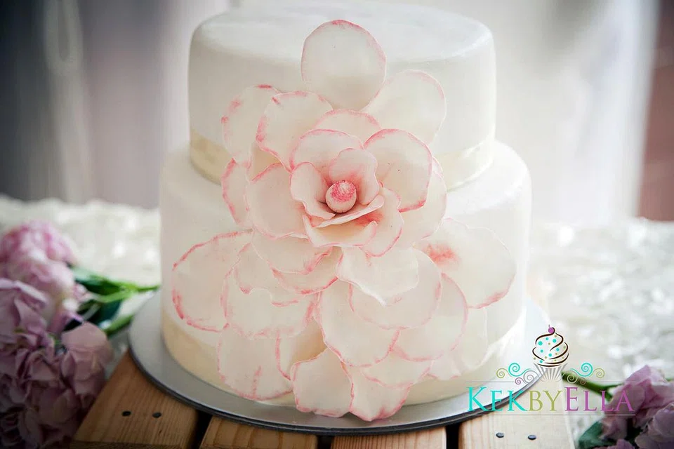 KEK KESAN CAT AIR: Cik Suhaila Othman kini ingin memperbaiki hiasan kek dengan kesan cat air atau 'water colour effect' seperti kek yang ditatangnya. Gambar sisipan pula menunjukkan kek perkahwinan pertama rekaannya buat adik ipar lelakinya pada 2014. - Foto JULY PHOTOGRAPHY 