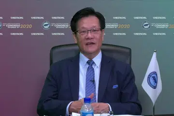 Presiden Persatuan Bola Sepak Singapura (FAS) Encik Lim Kia Tong di Kongres FAS yang ke-38, yang diadakan secara maya, pagi ini.