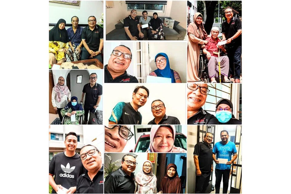 BANTUAN KEBAJIKAN: Moliano Rasmadi mewakili Prihatin memberi antara $500 hingga $1,000 seorang hasil derma masyarakat kepada 11 penerima: (Gambar paling kiri, dari atas ke bawah) pemain bes kumpulan Rusty Blade'Man Karen (duduk di tengah), pelakon Halimah Ismail (berkerusi roda), dan ahli kumpulan The Sallys M. Izwan Khuzair (kiri); (Gambar tengah, dari atas ke bawah) pelakon Raffi Khan (duduk di tengah), penyanyi Jun Abdullah, pemuzik Olly Maguire (kiri), pelakon Norsiah Kardi, dan isteri penyanyi Yusman Umar, Cik Hasanah Hasan (paling kanan). (Gambar paling kanan, dari atas ke bawah) pelakon Mahfudz Majid (berkerusi roda), pelakon Mahani Hassan, dan bekas ahli dikir barat Alang Ikan Duyung, Mohamad Tahar Jumaat (kanan). - Foto PRIHATIN SINGAPURA