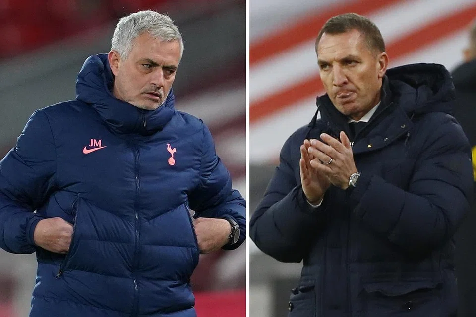 Pengurus Spurs Jose Mourinho (kiri) dan pengurus Leicester City Brendan Rodgers.