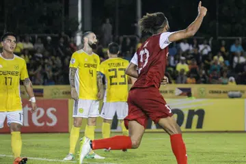 SUMBANGAN PENTING: Pemain baru Home United Isaka Cernak meraikan jaringan gol penyamaannya semasa perlawanan menentang Ceres Negros yang berkesudahan seri 1-1. - Foto FACEBOOK HOME UNITED