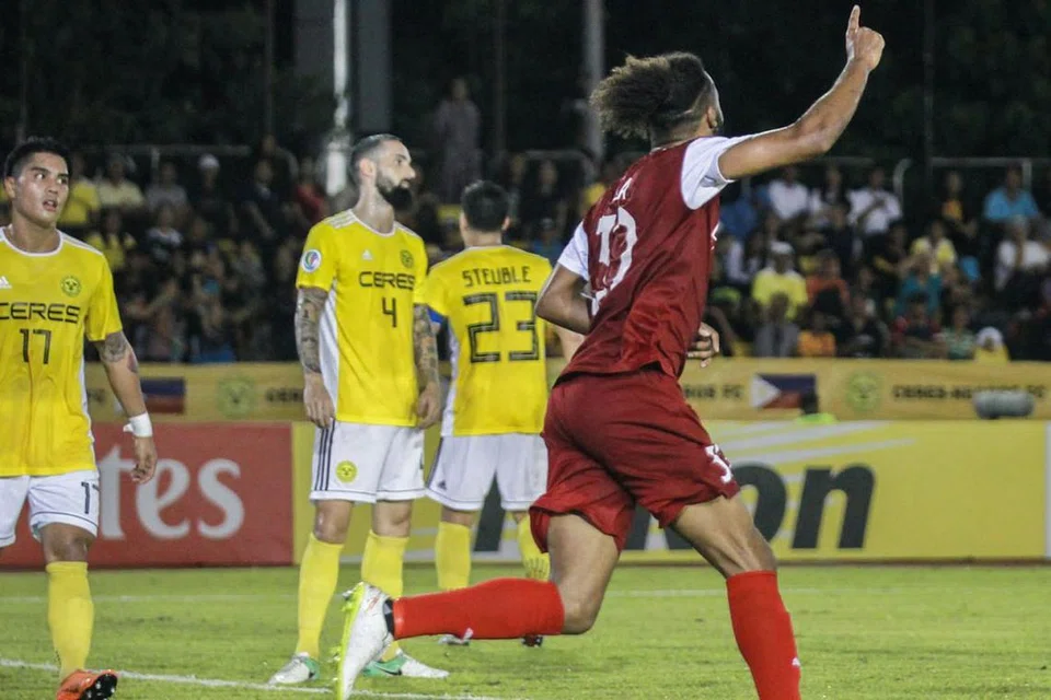 SUMBANGAN PENTING: Pemain baru Home United Isaka Cernak meraikan jaringan gol penyamaannya semasa perlawanan menentang Ceres Negros yang berkesudahan seri 1-1. - Foto FACEBOOK HOME UNITED