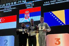 Selepas mengumumkan beliau tidak akan bertanding di kejohanan tinju tendang pada 2024, atlet Singapura, Nazri Sutari (kiri), memenangi pingat perak di Sarajevo Grand Prix 2025. Turut berada dalam gambar ialah pemenang pingat emas Lazar Stupar (tengah) dari Serbia dan pemenang pingat gangsa, Slaven Ostojic dari Bosnia and Herzegovina. 