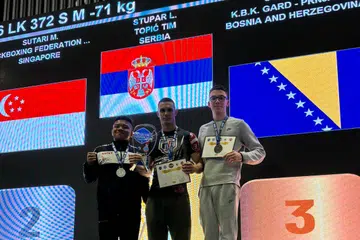 Selepas mengumumkan beliau tidak akan bertanding di kejohanan tinju tendang pada 2024, atlet Singapura, Nazri Sutari (kiri), memenangi pingat perak di Sarajevo Grand Prix 2025. Turut berada dalam gambar ialah pemenang pingat emas Lazar Stupar (tengah) dari Serbia dan pemenang pingat gangsa, Slaven Ostojic dari Bosnia and Herzegovina. 