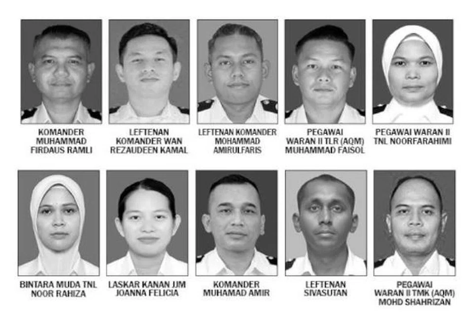 Wajah 10 pegawai dan anggota Tentera Laut Diraja Malaysia (TLDM) yang terkorban dalam nahas dua helikopter bertembung di udara sebelum terhempas di Pangkalan TLDM Lumut, Perak, pada 23 April 2024. 