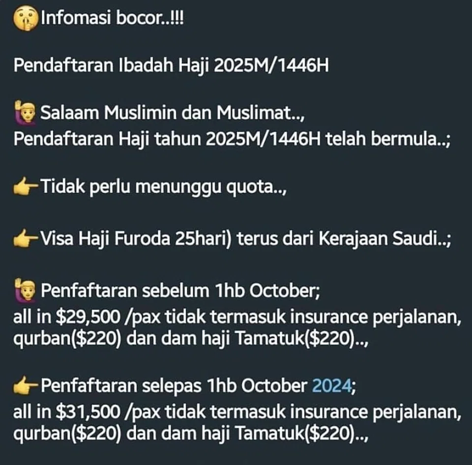 Tawaran menunaikan haji ‘VIP’ musim 2025 disebarkan menerusi WhatsApp dalam kalangan kumpulan dan rakan terdekat ejen haji.