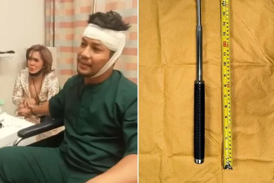 Pelakon Malaysia Kamal Adli, yang dilihat bersama isterinya, pelakon Uqasha Senrose, dihantar ke Hospital Besar Changi selepas diserang seorang lelaki dengan belantan (kanan). 