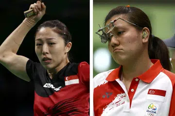 NASIB BERBEZA: Sedang Yu Mengyu (kiri) berjaya ke pusingan keempat perseorangan tenis meja, atlit menembak Teo Shun Xie (kanan) gagal menyerlah dalam acara 10 meter pistol angin. - Foto-foto REUTERS