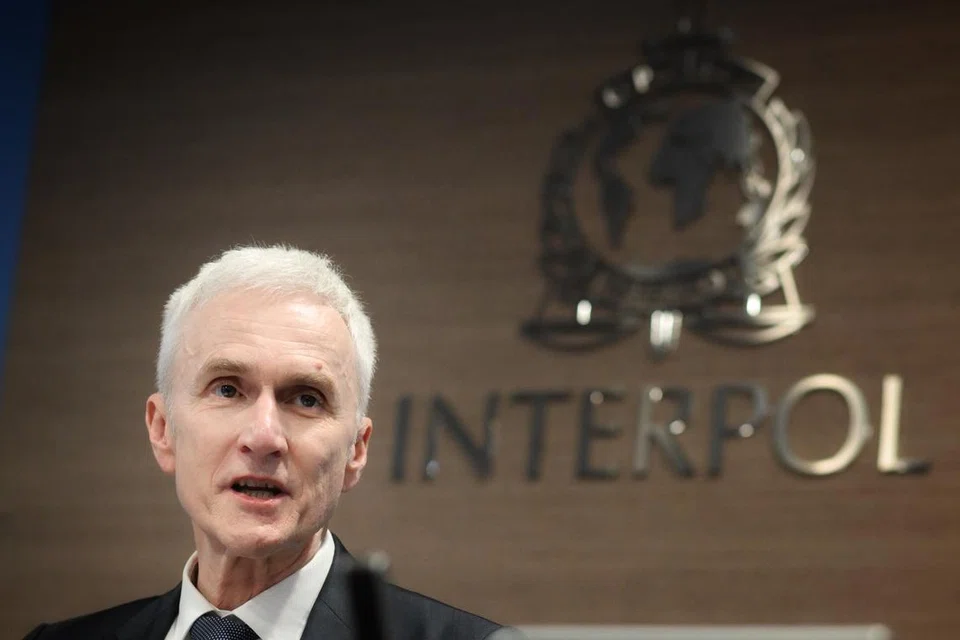 Setiausaha Agung, Interpol, Encik Jurgen Stock, ketika bercakap dengan pihak media di pejabat Interpol di Napier Road, pada 27 Mac.