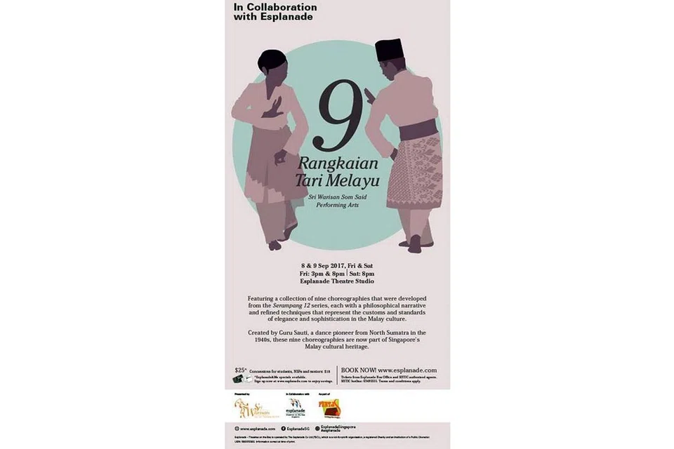 POSTER PERSEMBAHAN: Inilah poster acara persembahan '9 Rangkaian Tari Melayu'. Ia akan dipersembahkan oleh Sri Warisan Som Said Ltd. - Foto SRI WARISAN SOM SAID LTD