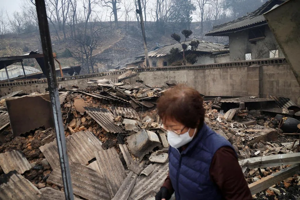 Cik Kun Yeong-nam, 72 tahun, berjalan di kawasan rumahnya yang hangus terbakar - tempat beliau menetap selama 52 tahun - selepas kebakaran hutan memusnahkan kawasan tersebut di Uiseong, Korea Selatan, 27 Mac 2025.