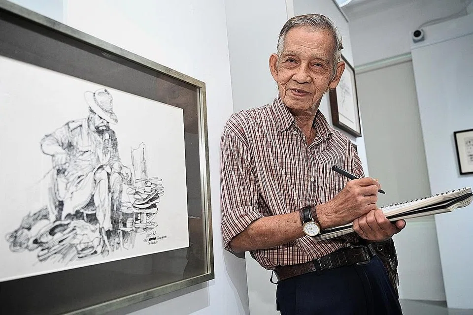 RAKAM SEJARAH SINGAPURA: Menerusi pameran solo Hitam Putih, Idris Ali, antara lain, mempamerkan lukisan yang menunjukkan warisan Singapura seperti tukang kasut berbangsa India yang beliau temui di jalanan dahulu.- Foto BH oleh KHALID BABA