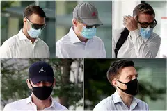 MELANGGAR UNDANG-UNDANG: (Mengikut putaran jam dari atas kiri), Perry Scott Blair, Michael Czerny, Joseph William Poynter, Neil Gordon Buchan and James Titus Beatt di mahkamah daerah semalam kerana berkumpul di kawasan Robertson Quay di tengah-tengah wabak Covid-19. - Foto-foto BH oleh WONG KWAI CHOW
