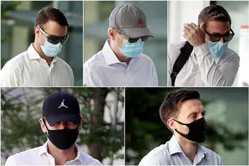 MELANGGAR UNDANG-UNDANG: (Mengikut putaran jam dari atas kiri), Perry Scott Blair, Michael Czerny, Joseph William Poynter, Neil Gordon Buchan and James Titus Beatt di mahkamah daerah semalam kerana berkumpul di kawasan Robertson Quay di tengah-tengah wabak Covid-19. - Foto-foto BH oleh WONG KWAI CHOW