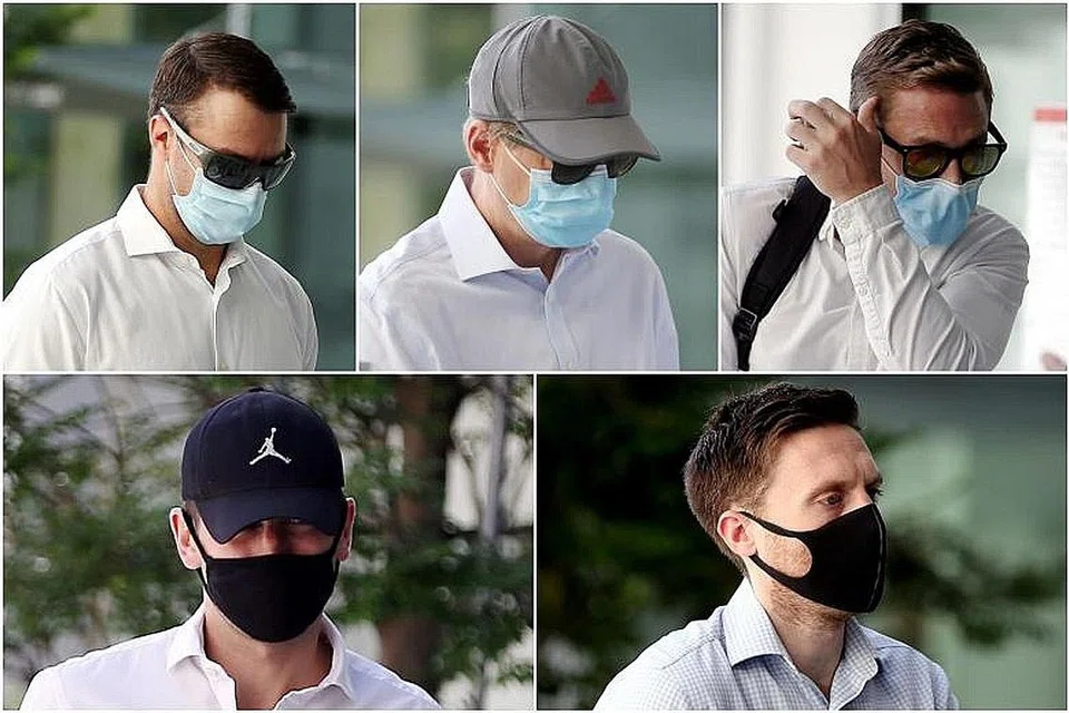 MELANGGAR UNDANG-UNDANG: (Mengikut putaran jam dari atas kiri), Perry Scott Blair, Michael Czerny, Joseph William Poynter, Neil Gordon Buchan and James Titus Beatt di mahkamah daerah semalam kerana berkumpul di kawasan Robertson Quay di tengah-tengah wabak Covid-19. - Foto-foto BH oleh WONG KWAI CHOW