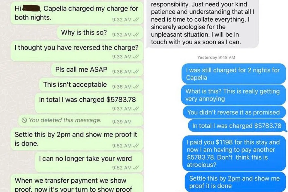 MESEJ DIRAKAM: Perbualan antara Cik 'Shidah' dan wanita yang menawarkan pakej tempahan hotel itu, bernama 'Farah Diyanah', bagi hotel di Sentosa. - Foto-foto ihsan SHIDAH