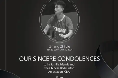 Ucapan takziah Badminton Asia kepada keluarga dan teman mendiang Zhang Zhi Jie.