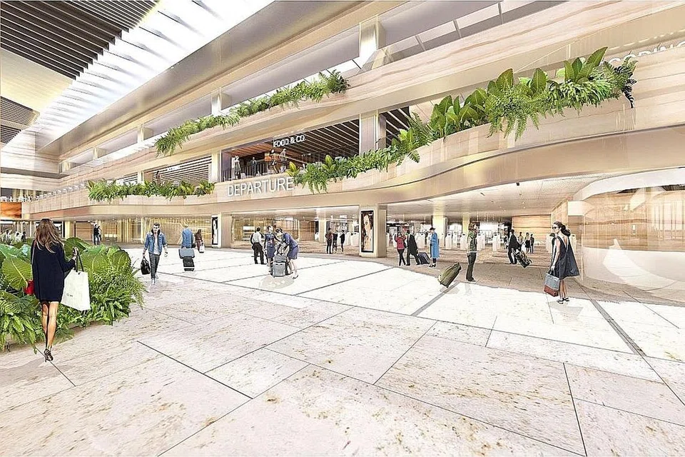 LEBIH LAPANG: Gambaran artis Terminal 2 setelah diubah elok yang akan memuatkan dewan pelepasan dengan kaunter daftar baru serta kios daftar dan mesin meletakkan beg automatik. - Foto CHANGI AIRPORT GROUP