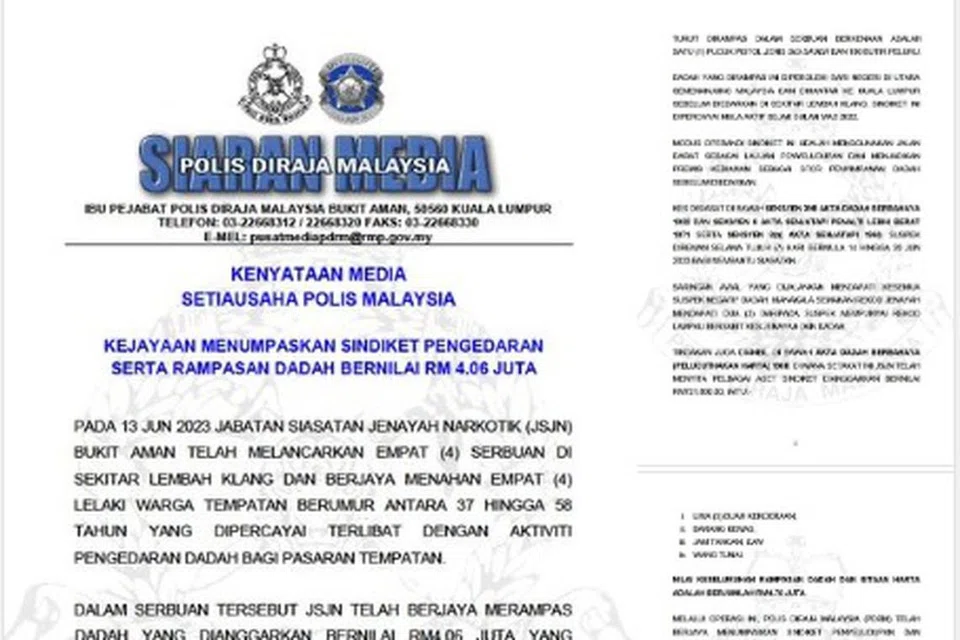 TUMPAS SINDIKET DADAH: Polis Diraja Malaysia mengumumkan usaha menumpas sindiket pengedaran serta rampasan dadah bernilai RM4.06 juta pada Khamis.