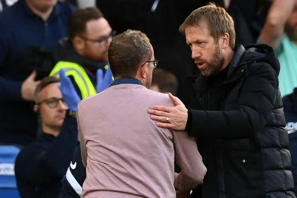 PRESTASI MAN U SEMAKIN BURUK: Rangnick hanya mampu menghasilkan peningkatan kecil sebelum United mengalami kemerosotan besar - tersingkir daripada Liga Juara-Juara menentang Atletico Madrid. United juga hanya menang dua daripada sembilan perlawanan terakhir musim ini termasuk dibelasah 4-0 oleh Brighton (atas) yang dilihat sebagai salah satu keputusan terburuk kelab itu. - Foto AFP