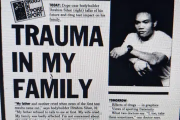 Muka hadapan akhbar, ‘The New Paper’ pada 26 Oktober 1989 yang membuat liputan mengenai Ibrahim Sihat serta ujian air kencingnya yang positif bahan perangsang atau ‘stimulant’ selepas Sukan SEA Malaysia 1989.