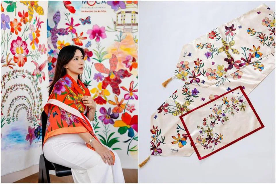 Skarf dan selendang meja dengan ilustrasi anggerik daripada mural, ‘Harmony In Bloom’, karya seni Phuay Li Ying, kini boleh digayakan.